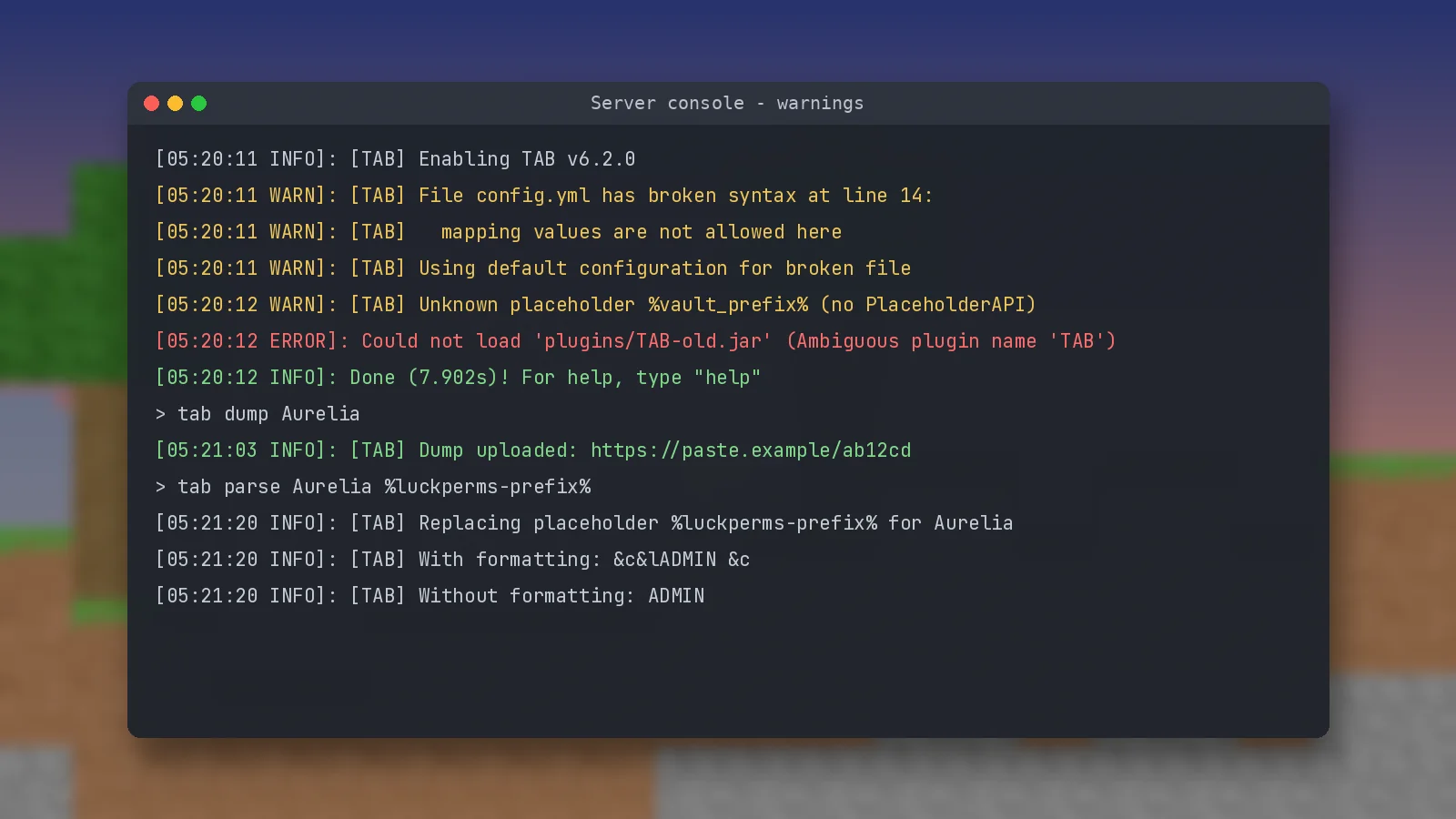 Server console showing TAB plugin warnings about broken config.yml syntax and an unknown placeholder