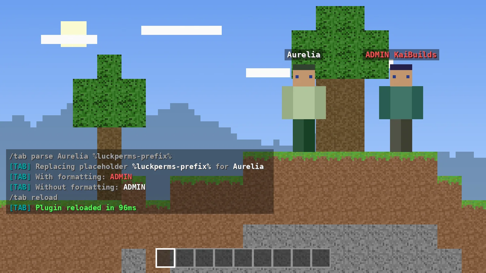 In-game chat showing /tab parse output for a LuckPerms prefix and a successful /tab reload