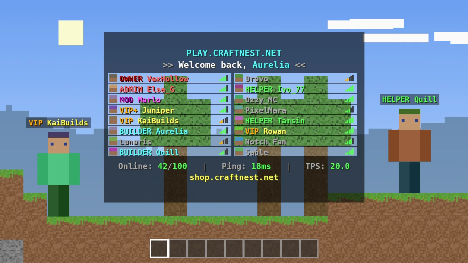 TAB plugin tablist showing a custom header, ranked player names and ping bars on a Paper server