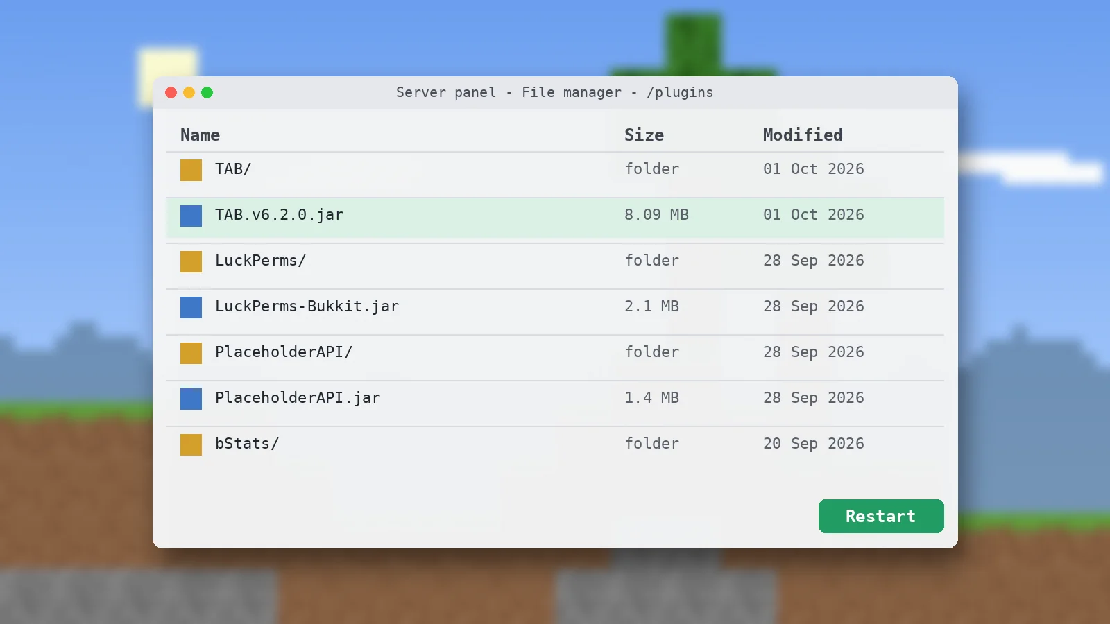 Server panel file manager showing TAB.v6.2.0.jar uploaded into the plugins folder