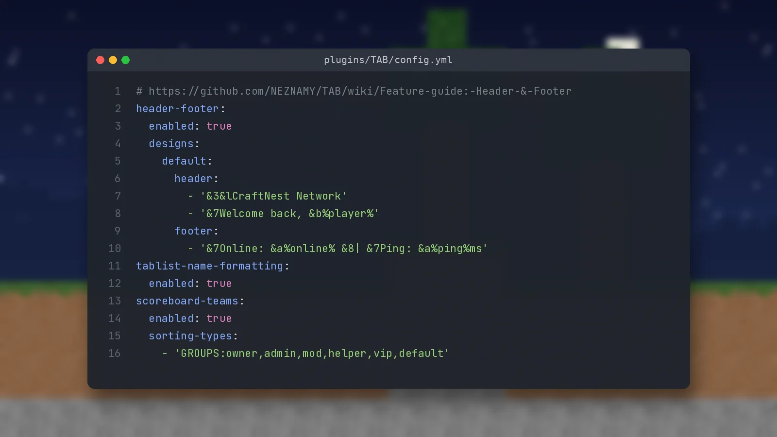 TAB plugin config.yml open in a code editor showing header-footer designs and sorting types