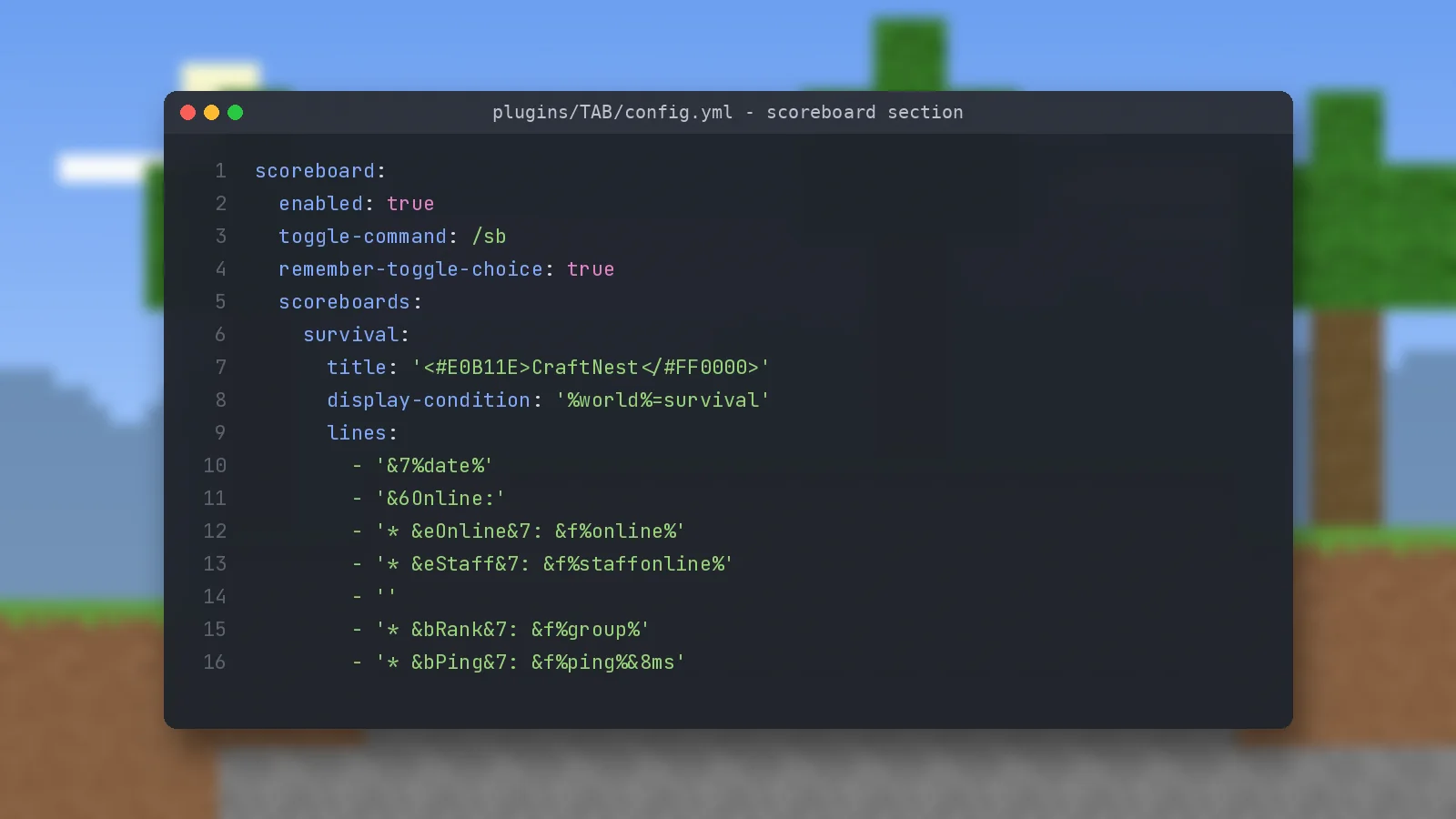 Scoreboard section of the TAB plugin config.yml with title, display condition and lines