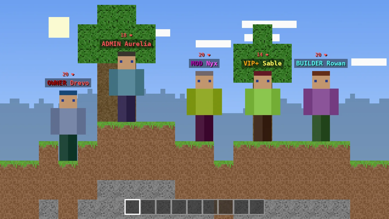 Minecraft players with OWNER, ADMIN, MOD, VIP and BUILDER rank prefixes above their heads