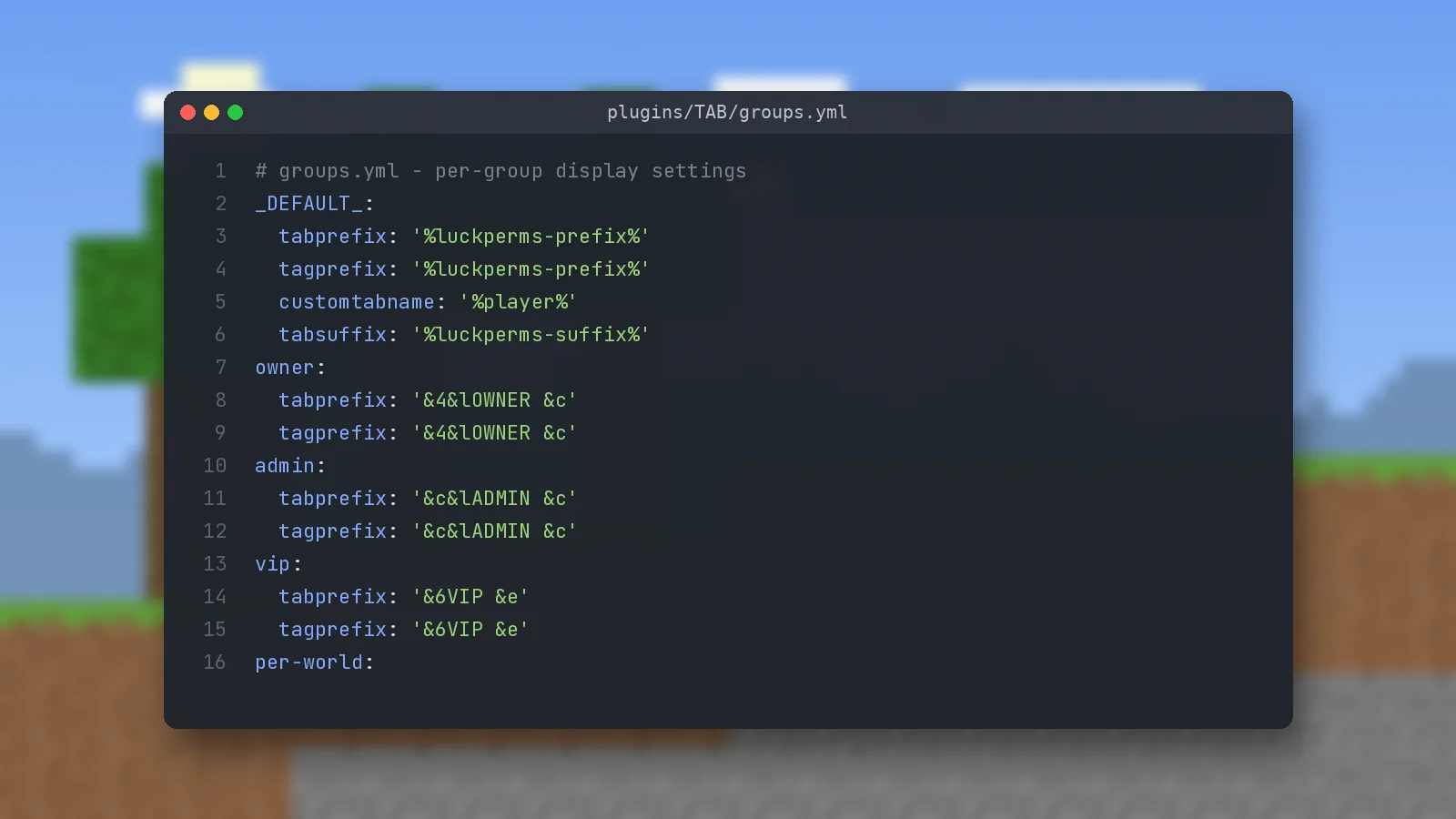 TAB plugin groups.yml with _DEFAULT_, owner, admin and vip tabprefix and tagprefix values