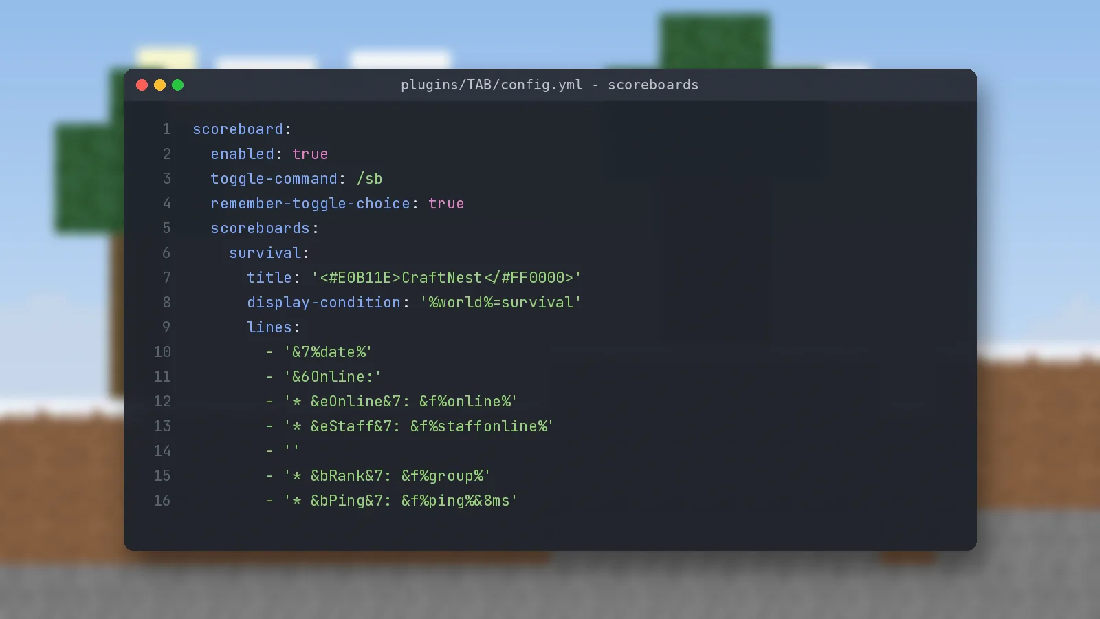 TAB plugin config.yml scoreboard section with toggle command, display condition and lines