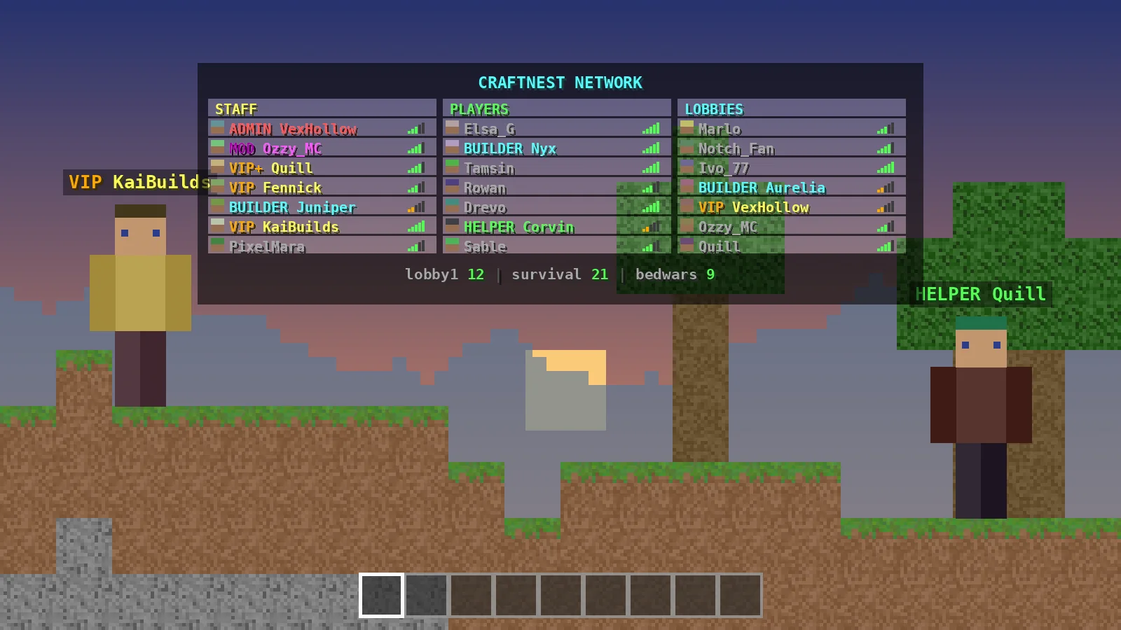 Network tablist layout with columns for staff, players and lobbies on a Velocity proxy